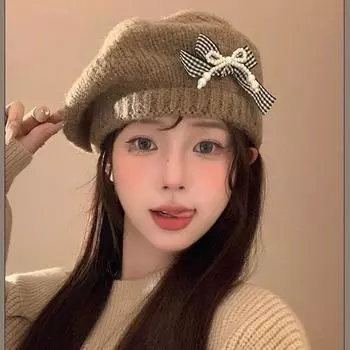 Осень и зима 2024 года, новый милый вязаный берет с бантом, теплый, универсальный, с большой окружностью головы, показывающий лицо, маленькая шляпа художника M56-58cm хаки
