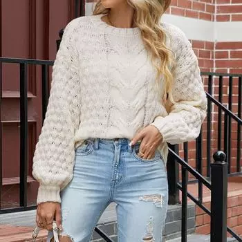 Осень и зима 2024 года, новый свободный круглый вырез, жареное тесто, рукава-пузыри, однотонный вязаный свитер для женщин S бежевый