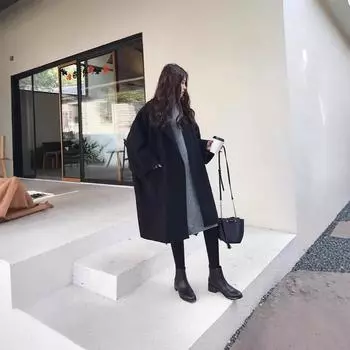 Осень и зима 2024 года, повседневная мода, свободная, студенческая, универсальная, темпераментная, знаменитая, шерстяное пальто средней и длинной длины, прилив S чёрный
