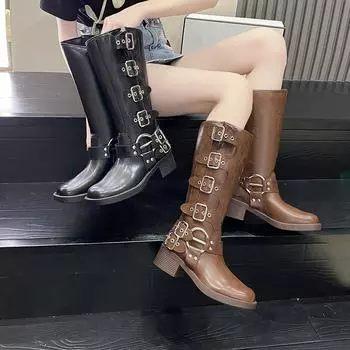 Осень и зима 2024 года. Винтажные ботинки. Детские летние тонкие ковбойские сапоги в стиле вестерн. Кожаные сапоги на среднем каблуке. Кавалерийские сапоги. 35 чёрный