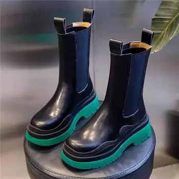 Осень и зима 2025 новые ботинки Мартина женские в британском стиле Челси высокие ботинки кожа толстый каблук ботинки-сигареты женские ботинки 35 зелёный