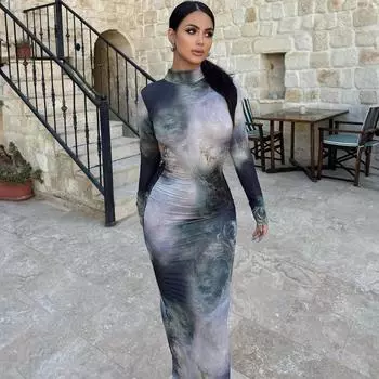 Осень и зима 2025, Женская одежда, Новый стиль, Высокий воротник, Длинные рукава, С открытой спиной, Сексуальный облегающий крой, Длинная юбка с принтом, Платье S