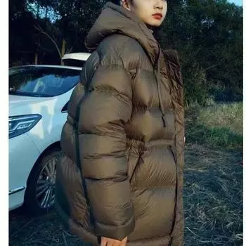 Осень и зима 90 белый утиный пуховый пуховик женский талия средняя и длинная свободная теплая куртка с капюшоном прилив S хаки