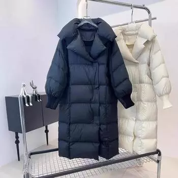 Осень и зима 90-х годов белый утиный пух длинный пуховик женский модный утолщенный пуховый свободный до колена пальто прилив S серый
