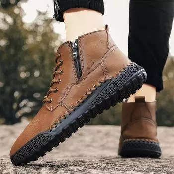 Осень и зима Большие размеры Новые мужские кожаные туфли ручной работы сшитые ретро уличные повседневные высокие короткие ботинки для мужчин 38