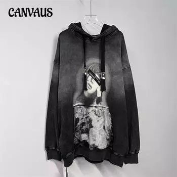 Осень и зима Большие размеры Женская ретро-толстовка с капюшоном Ленивый ветер с длинными рукавами XL прохладный черный