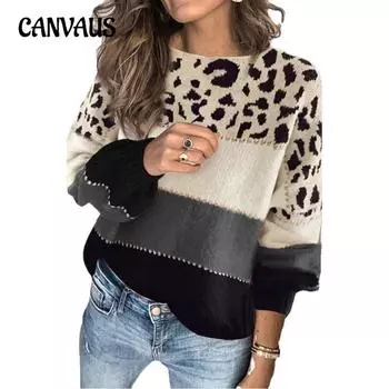 Осень и зима Большой размер контрастных цветов свитер женский свободный круглый вырез низ свитер S хаки