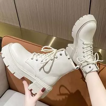 Осень и зима британские ветрозащитные ботинки Martin на платформе с локомотивом, женские новые толстые каблуки, универсальные, короткие, модные, повседневные 35 чёрный