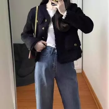 Осень и зима черный маленький аромат темперамент куртка женская весна и осень дизайн sense ниша high sense короткий твидовый топ S чёрный