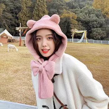 Осень и зима даже шапка шарф интегрированный нагрудник симпатичный наушник комбинезон зимний теплый бежевый