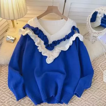 Осень и зима Design Sense с рюшами и контрастными цветами с V-образным вырезом, утолщенный свободный ветровой свитер средней длины с абзацами средней длины