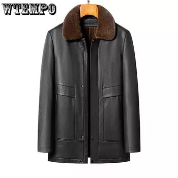 Осень и зима для пожилых людей, кожаная куртка со съемной подкладкой из натуральной кожи, мужская теплая кожаная куртка средней длины с меховым воротником M чёрный
