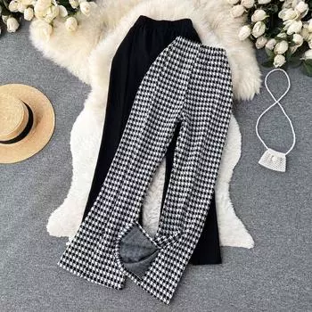Осень и зима драпированная свободная верхняя одежда повседневные широкие брюки с высокой талией в клетку «тысяча птиц» открытые тянущиеся брюки