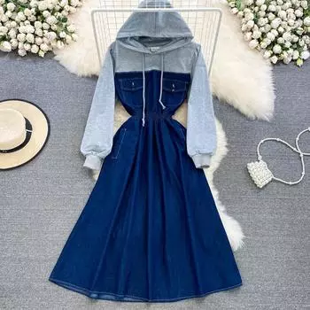 Осень и зима, две джинсовые строчки, средняя длина на талии, модная ретро-свитер-юбка, женская юбка