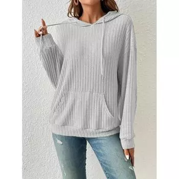 Осень и зима Европа и США Женский трикотаж с капюшоном и карманом-кенгуру L бежевый