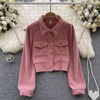 Осень и зима Французский вельветовый кардиган с длинными рукавами и длинными рукавами для пожилых людей Модный и шикарный короткий кардиган