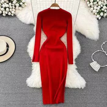 Осень и зима, горячая девушка, Pure Desire, ветровое платье из двух частей с талией и тонкой сумкой с разрезом, вязаное платье-свитер на бедрах