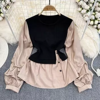 Осень и зима, корейское издание, повседневный свитер с круглым вырезом, трикотажная рубашка, блузка с вышивкой, женская длинная утягивающая длинная длинн...