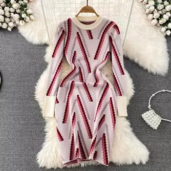 Осень и зима круглый вырез контрастного цвета с длинными рукавами и круглым вырезом на талии тонкая вязаная нижняя сумка хип-платье