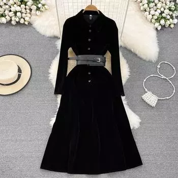 Осень и зима, легкий и зрелый стиль, темперамент, лацканы, талии с длинными рукавами, тонкое золотое бархатное платье трапециевидной формы S чёрный