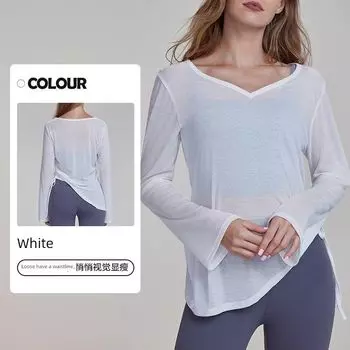 Осень и Зима Ленивая Повседневная Футболка Свободного Кроя Длиной до Бедра Блузка для Йоги Боковая Кулиска Топ для Бега Фитнеса Рабочая Одежда Футболка White S((40.00 kg-50.00 kg)