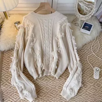 Осень и зима «Ленивый ветер», повседневный простой дизайн, шерстяной вязаный свитер с кисточками, французский короткий пуловер, свитер