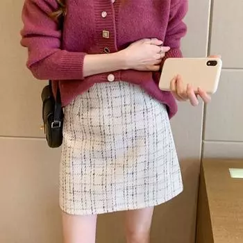 Осень и зима Маленькая ароматная юбка в клетку с завышенной талией, универсальная юбка-трапеция, короткая юбка с облегающими ягодицами для женщин S