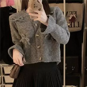 Осень и зима, маленький рост, милые и юношеские рукава-трубы в корейском стиле, вязаный верх-кардиган, куртка-свитер, женский One Size белый