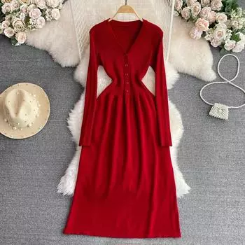 Осень и зима, модное качественное длинное вязаное платье с длинным рукавом и V-образным воротником на талии во французском стиле Herburn для похудения