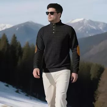 Осень и Зима Мужская Новая Квадратная Клетка Мужская Толстовка с Воротником-Стойкой на Одной Пуговице Повседневная с Длинным Рукавом S чёрный