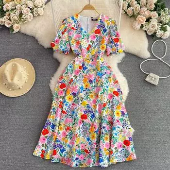 Осень и зима, нежное платье с разорванным цветком, качественное тонкое платье с V-образным вырезом и короткими рукавами на талии