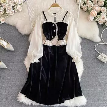 Осень и зима, нежное, ветровое, темпераментное, искусственное, состоящее из двух частей, с круглым вырезом, в сетку, с рюшами на талии и тонким бархатным платьем трапециевидной формы