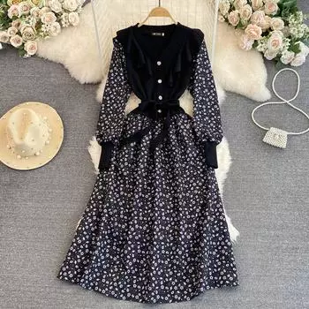 Осень и зима Нежный ветерок с V-образным вырезом и воланом по краям Вязание заклинанием получает талию, чтобы показать тонкое платье с рваным цветком S синий