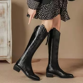 Осень и зима, но сапоги до колена женские остроконечные толстые каблуки рыцарские сапоги с застежкой-молнией сзади тонкие сапоги из мягкой кожи на низком каблуке 35