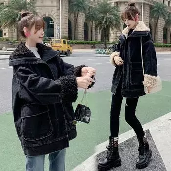 Осень и зима новая бархатная утолщенная джинсовая куртка женская маленькая ароматная овечья шерсть короткая джинсовая куртка S80-100