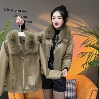 Осень и зима новая бархатная утолщенная кожаная куртка женская меховой воротник иностранный стиль тонкая модная теплая зимняя куртка кожаная куртка L [recommended 98-54kg] темно-коричневого