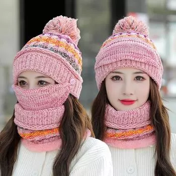 Осень и зима новая бархатная вязаная шапка шарф маска комплект из трех предметов велосипедная защита лица утолщенная шерстяная шапка женская зимняя