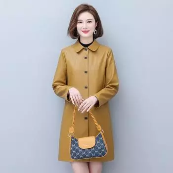 Осень и зима, новая большая кожаная одежда, женская корейская версия, кожаная куртка средней длины с воротником-поло, женская облегающая кожаная верхняя одежда, тренд 5XL