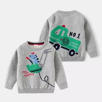Осень и зима Новая детская одежда для мальчиков Двухслойный хлопковый свитер-пуловер для детей Ignition Dinosaur Jacquard Knitted Thread 100 серый