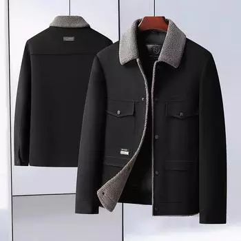 Осень и зима Новая двусторонняя шерстяная куртка Деловая повседневная с воротником-лацканом Подкладка из гусиного пуха Шерстяная куртка Куртка 170 чёрный