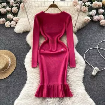 Осень и зима, новая Европа и Соединенные Штаты, великолепная французская ретро-юбка «рыбий хвост» с длинными рукавами, пакетное платье на бедрах