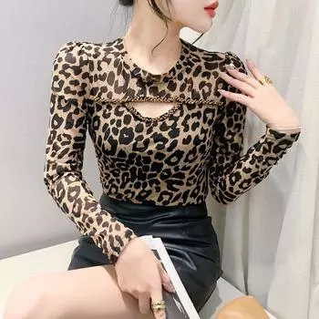 Осень и зима Новая футболка с круглым вырезом и длинными рукавами Женская сексуальная полая темпераментная универсальная облегающая рубашка S цветной печати леопарда