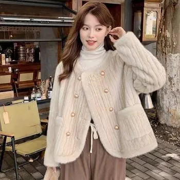 Осень и зима новая искусственная норковая шуба женская хлопковая утолщенная корейская версия интернет знаменитость двубортное пальто мех S code recommended 80-50kg абрикосовый