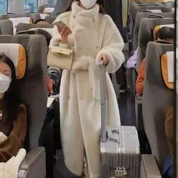 Осень и зима новая искусственная шуба женская искусственная норка плюшевая утолщенная и длинная локомотивная шуба двубортная S слоновая кость