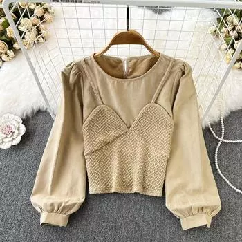 Осень и зима новая корейская рубашка женская дизайнерская ниша в винтажном стиле Гонконга с длинным рукавом короткий топ Fake Two