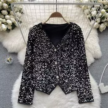 Осень и зима, новая корейская версия однобортного однобортного свитера с длинными рукавами и блестящими пайетками с v-образным вырезом