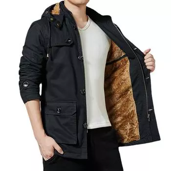 Осень и зима, новая корейская версия повседневной мужской куртки, ворсистый и утолщенный, вымытый чистый хлопок, средний и длинный тренчкот для мужчин M