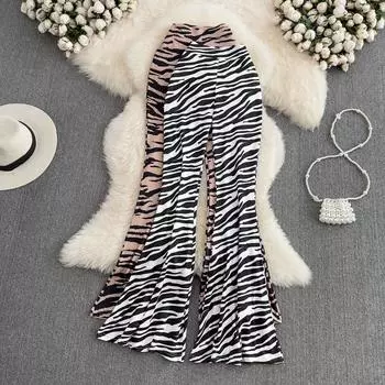 Осень и зима новая корейская версия ретро с высокой талией узкие расклешенные брюки с зебровым принтом, драпированные длинные брюки