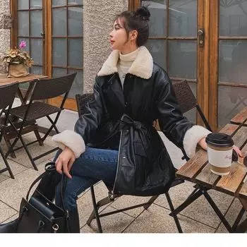Осень и зима новая кожаная куртка женская флисовая куртка средняя и длинная утолщенная локомотивная одежда талия тонкая свободная модная черная спандекс S чёрный