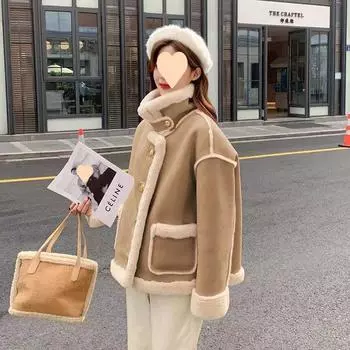 Осень и зима, новая куртка из овечьей шерсти, женская, корейская, свободная, из искусственной замши, с интегрированным ворсом, утолщенный мотоциклетный костюм XL [Recommended 120-67.5kg] хаки